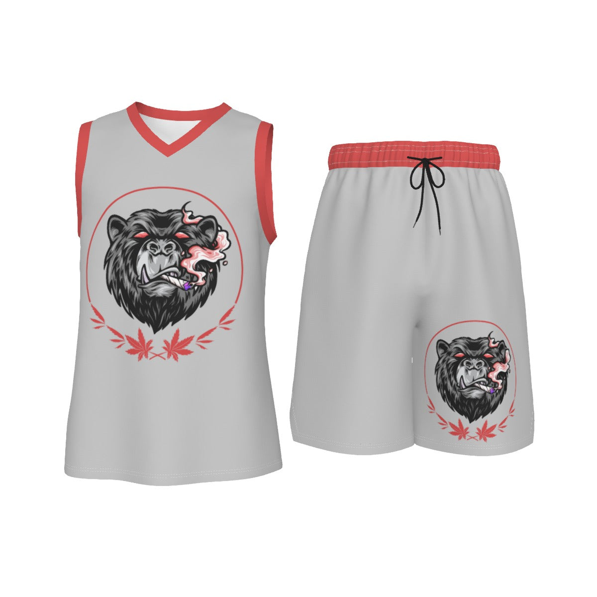 Stoners Only Grey & Red Smoking Bear Men's V Neck Basketball Suit