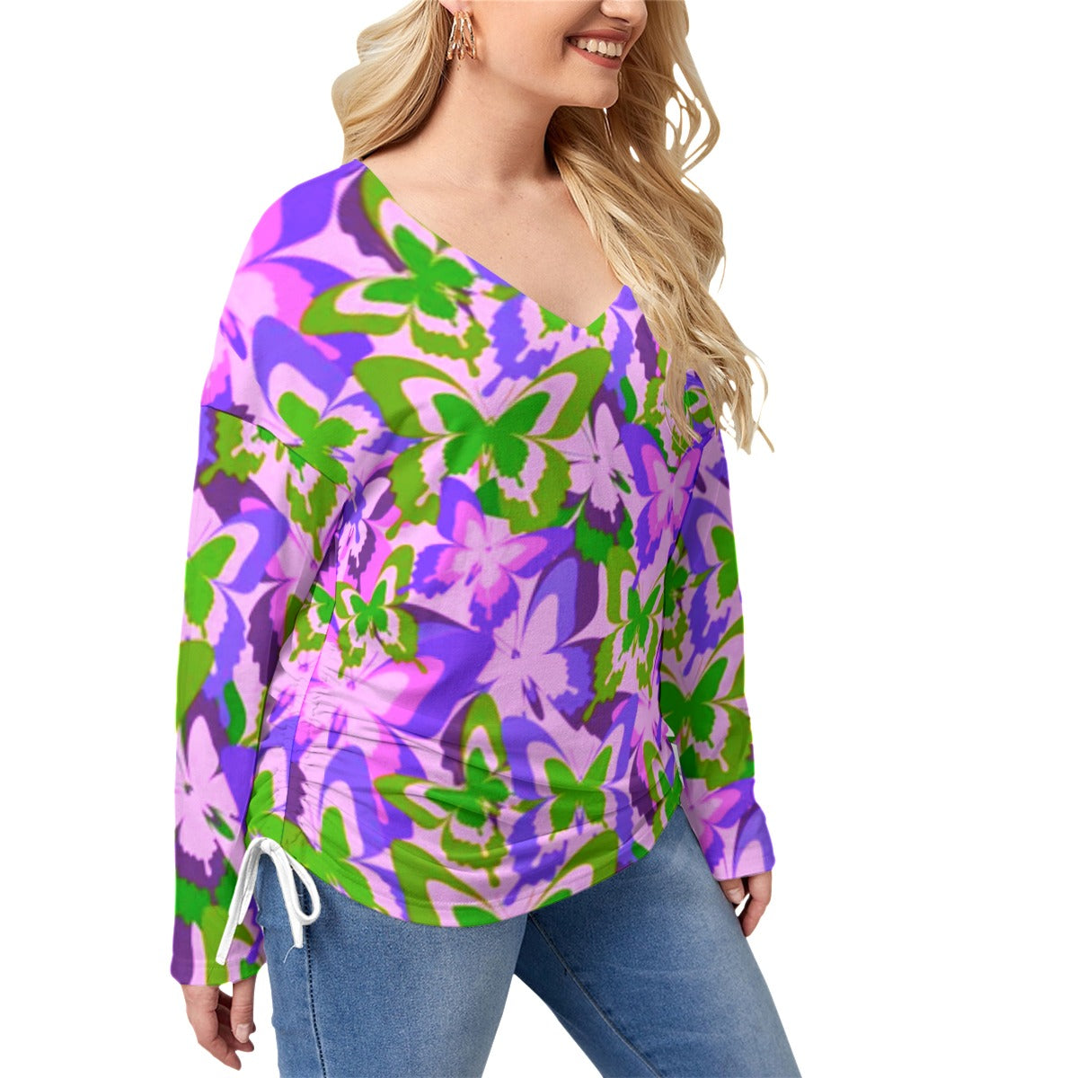 Colorful Butterflies Women’s V-neck T-shirt With Side Drawstring(Plus Size)