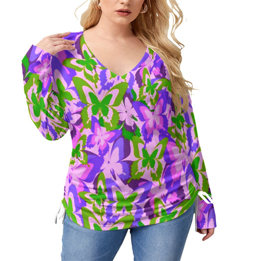 Colorful Butterflies Women’s V-neck T-shirt With Side Drawstring(Plus Size)