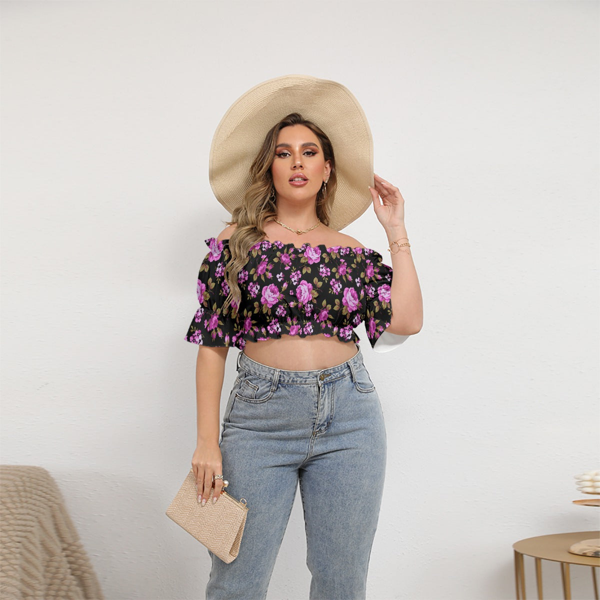 Pink Roses Women's Black Off-shoulder Cropped Top With Short Puff Sleeve