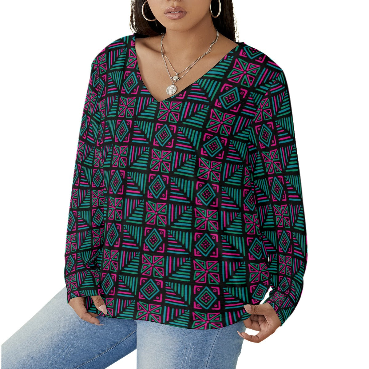 African Vibes Women's V-neck T-shirt With Curved Hem(Plus Size)