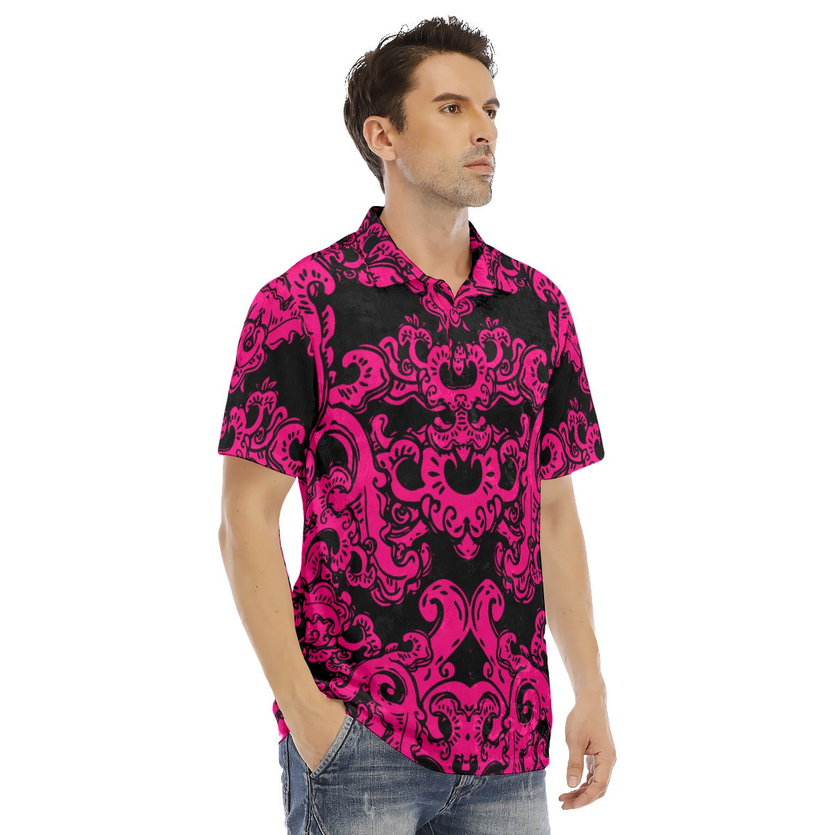 Pink & Black Baroque Pattern Men's Polo Shirt | Velvet