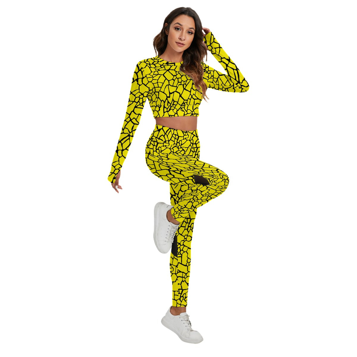 Yellow & Black Stone Pattern Women's Sport Set With Backless Top And Leggings