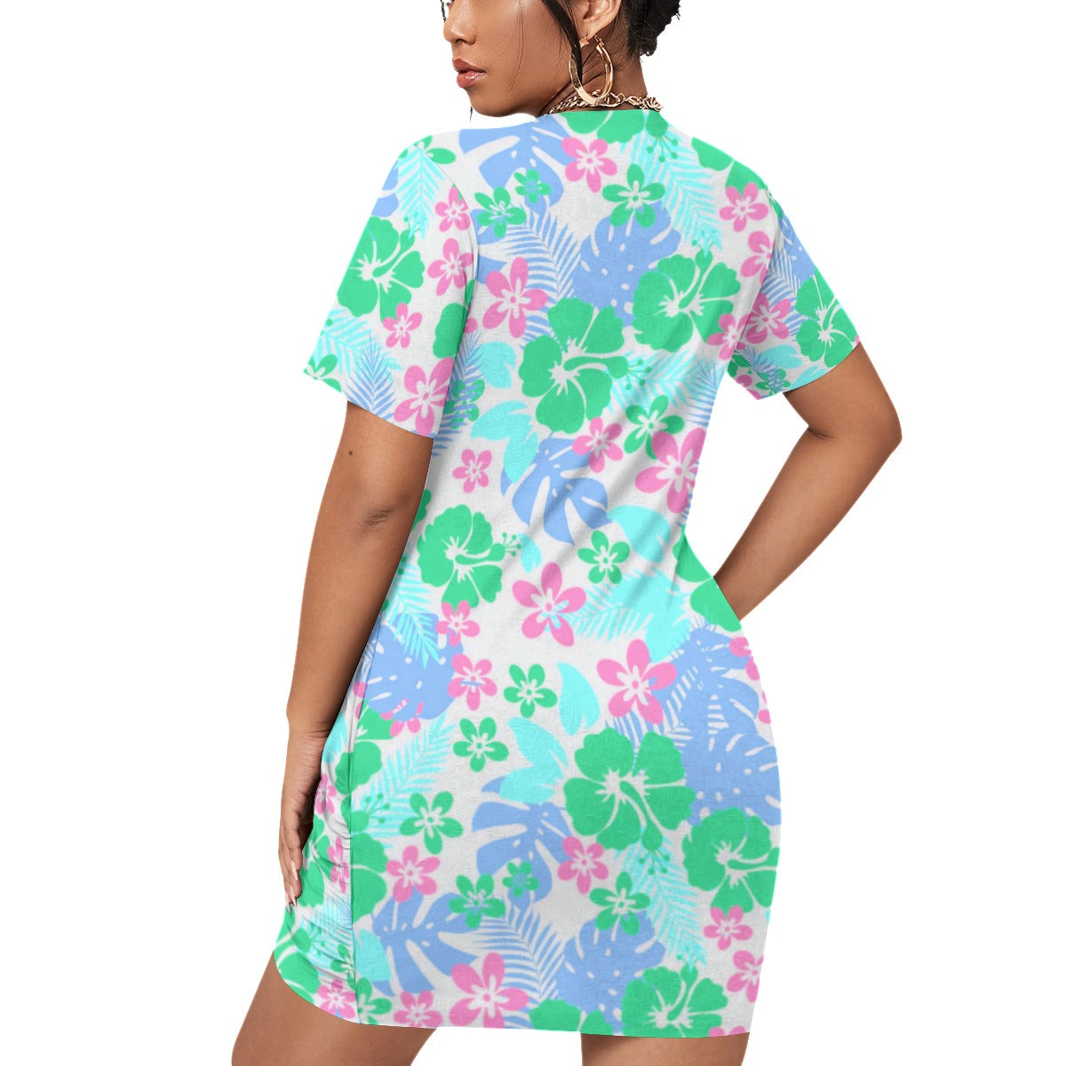 Tropical Hawaiian Flowers Women’s Stacked Hem Dress With Short Sleeve（Plus Size）