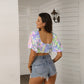 Tie Dye Women's Square Collar Cropped Top With Puff Sleeve