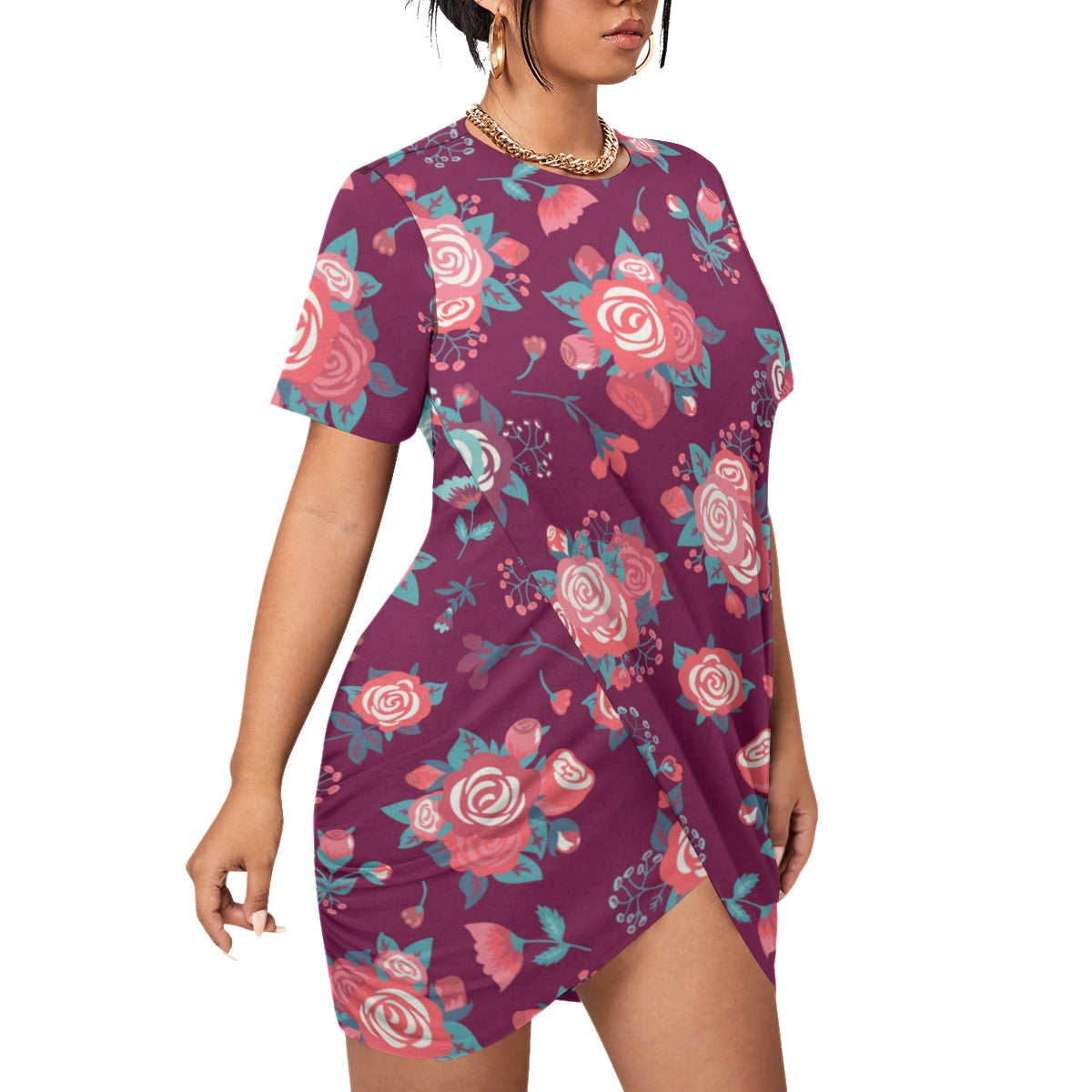 Cute Roses Women’s Stacked Hem Dress With Short Sleeve （Plus Size）