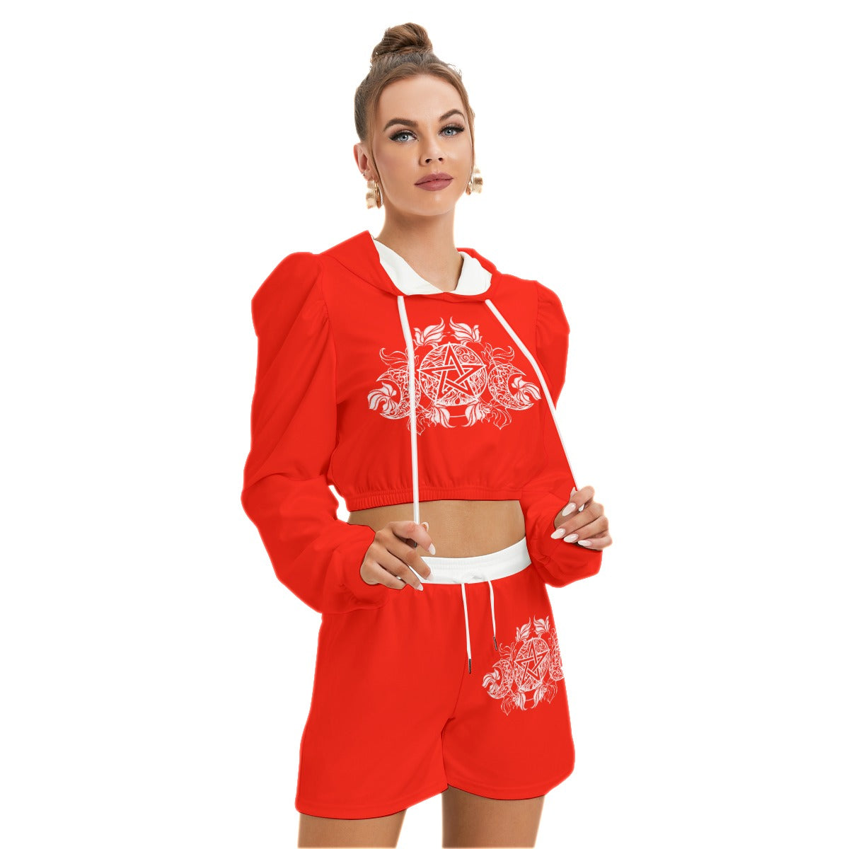 Red & White Pentagram With Leaves Women's Mirco Fleece Hoodie And Shorts Set