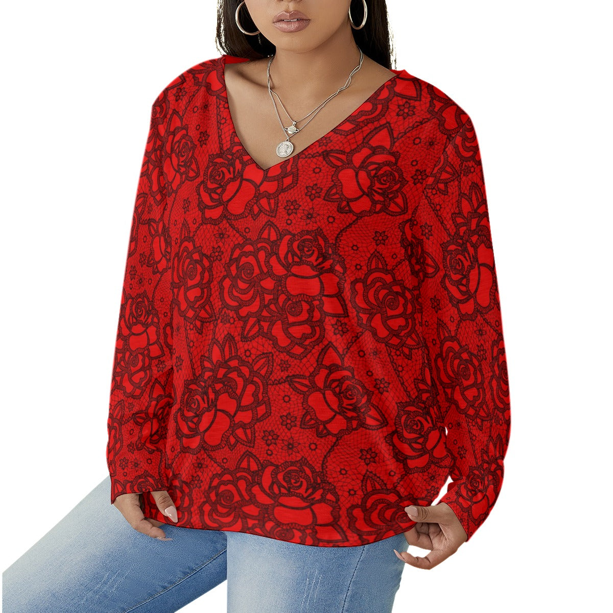 Women's Red Lace Style Roses V-neck T-shirt With Curved Hem(Plus Size)