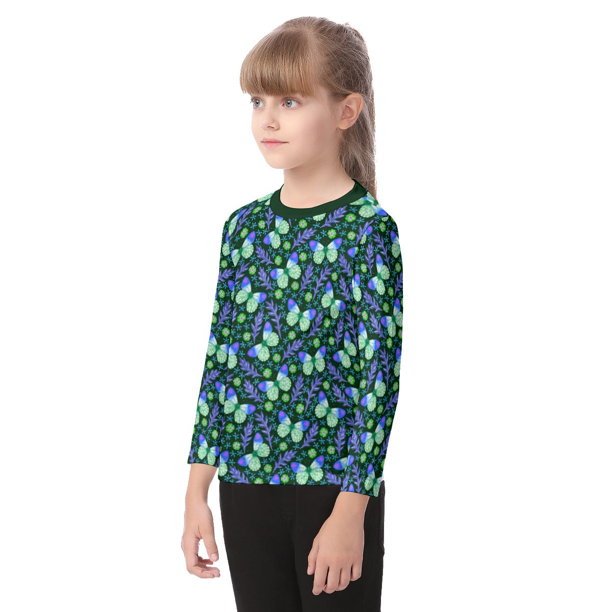 Butterflies and Flowers Girls O-neck Long Sleeve T-shirt