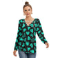 Black With Teal Doodle Hearts Women's Long Sleeve Neckline Tie Sweatshirt