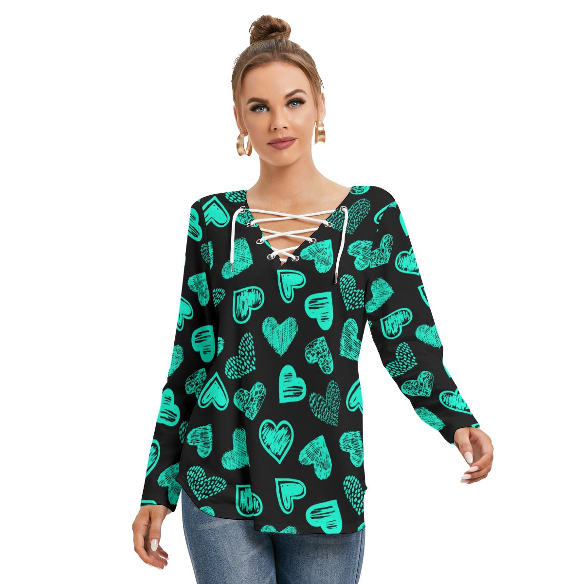 Black With Teal Doodle Hearts Women's Long Sleeve Neckline Tie Sweatshirt