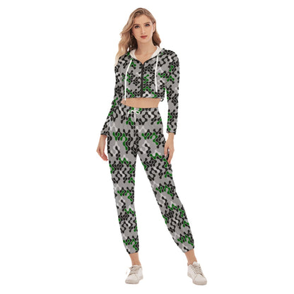 Green, Black & White Abstract Women's Crop Hoodie Sports Sets