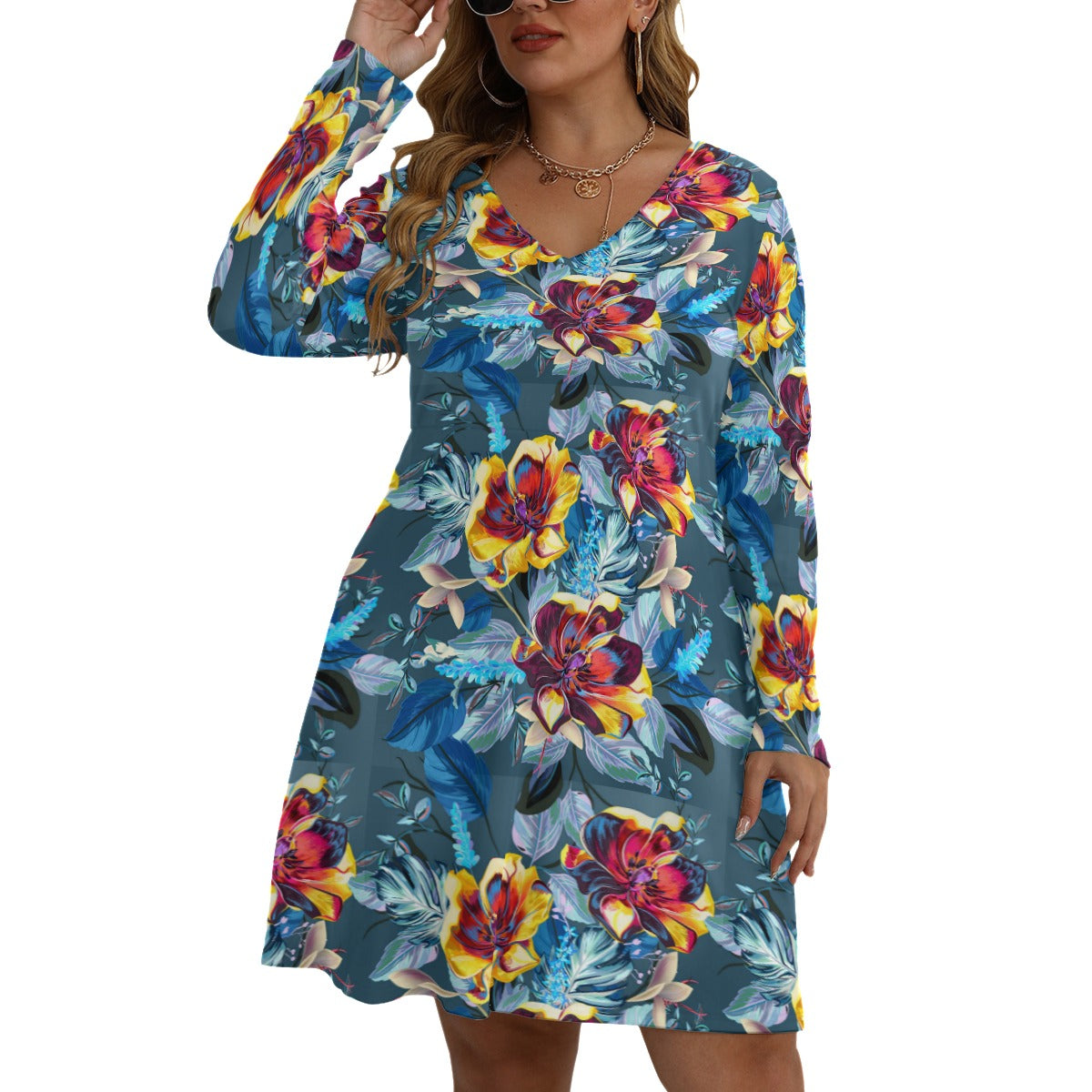 Beautiful Tulips Women's V-neck Long Sleeve Dress (Plus Size)