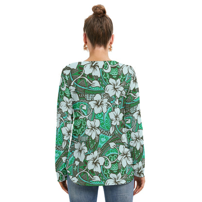 Tropical Hibiscus Flower With Tapa Tribal Designs Women's Long Sleeve Neckline Tie Sweatshirt