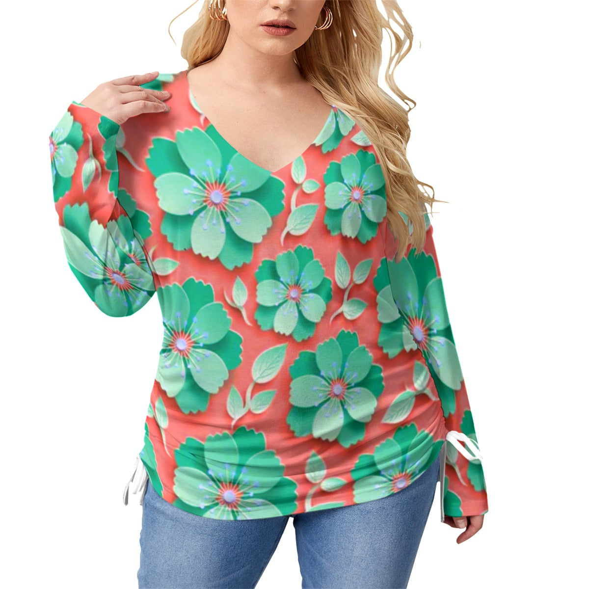 Red With Teal Cherry Blossoms Women’s V-neck T-shirt With Side Drawstring(Plus Size)