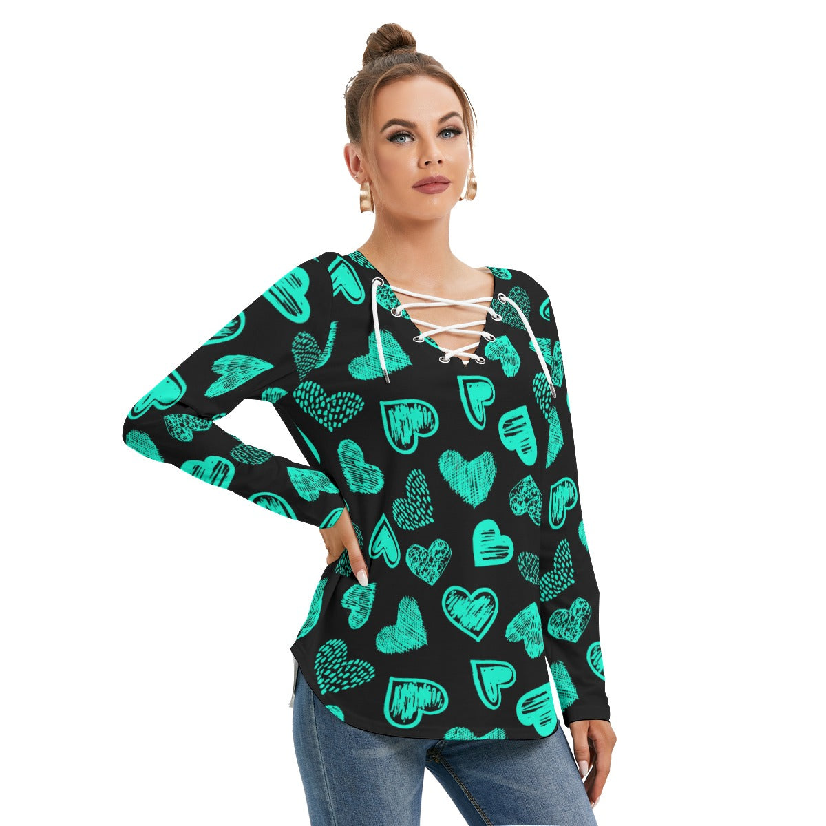 Black With Teal Doodle Hearts Women's Long Sleeve Neckline Tie Sweatshirt