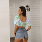 Tie Dye Women's Square Collar Cropped Top With Puff Sleeve