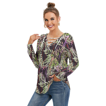 Exotic Leaves Women's Long Sleeve Neckline Tie Sweatshirt