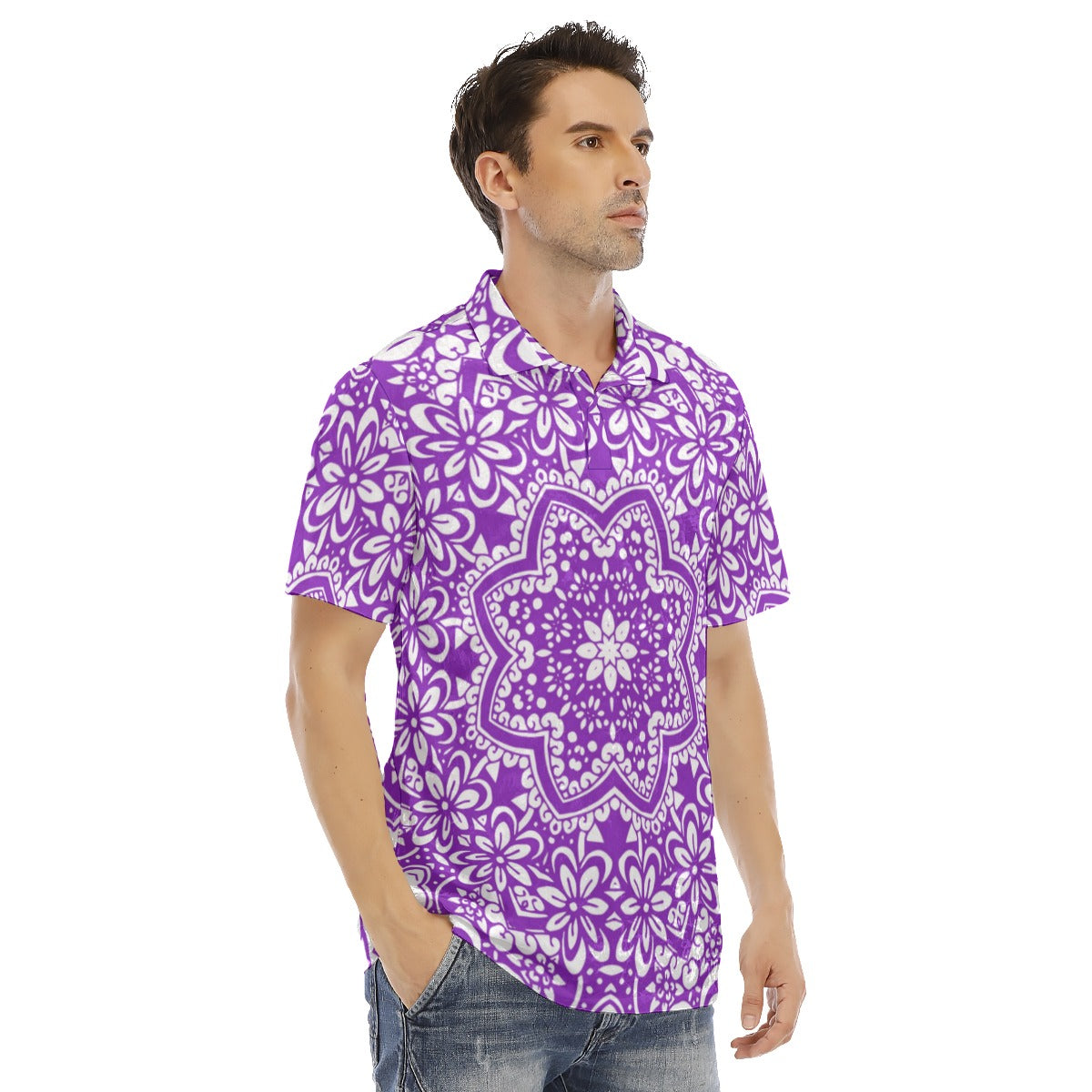 Purple Ethnic Flowers Men's Polo Shirt | Velvet