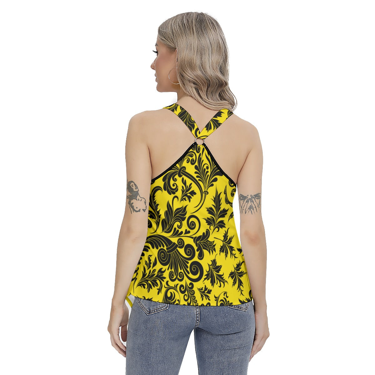 Elegant Yellow With Black Flowers Women's Skinny Sport Tank Top