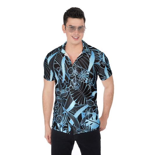 Blue Metallic Tropical Leaves Men's Button Up