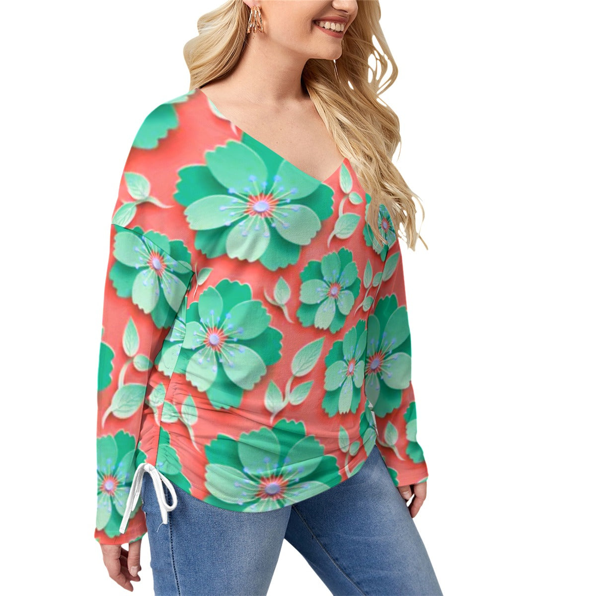 Red With Teal Cherry Blossoms Women’s V-neck T-shirt With Side Drawstring(Plus Size)