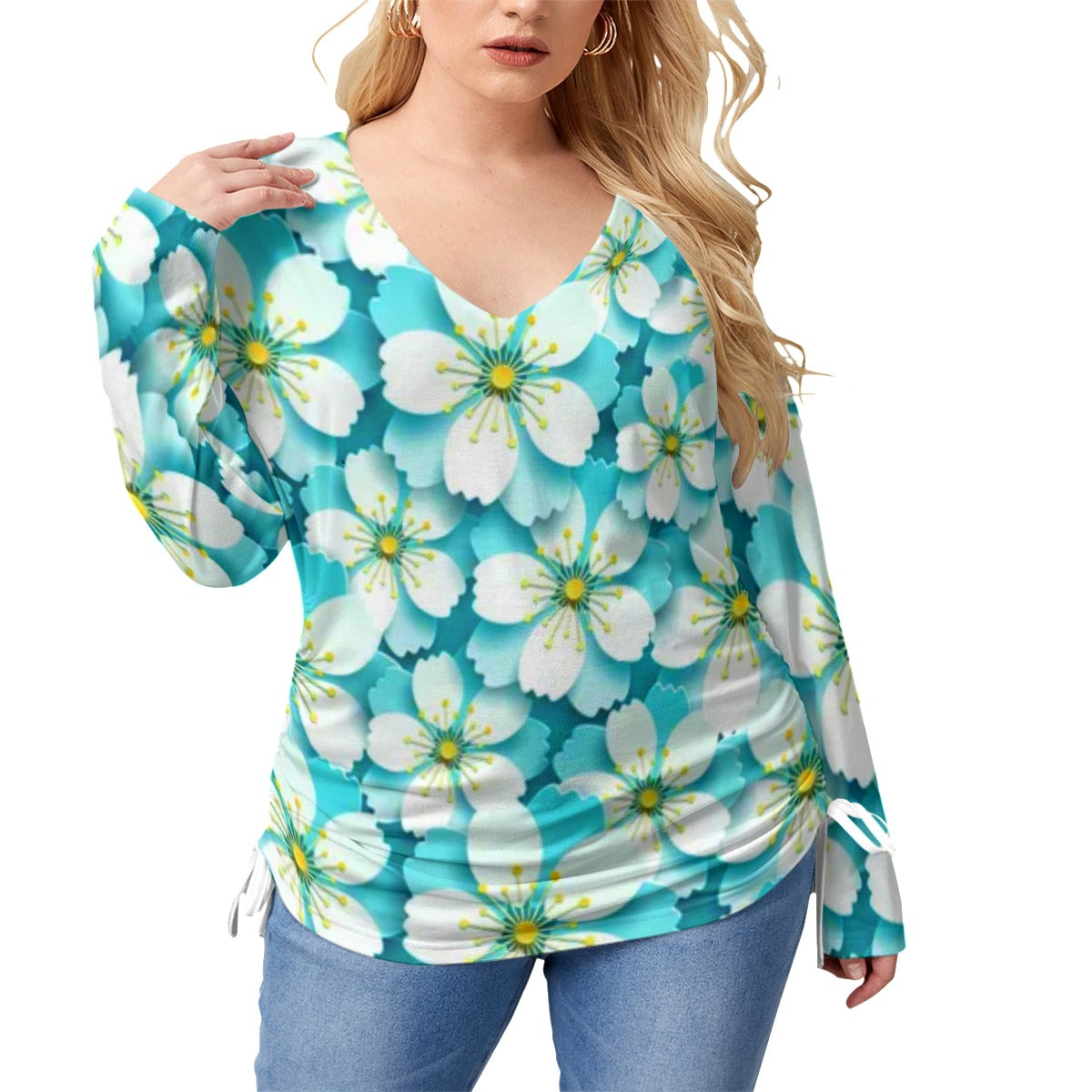 Baby Blue With White Cherry Blossoms Women’s V-neck T-shirt With Side Drawstring(Plus Size)