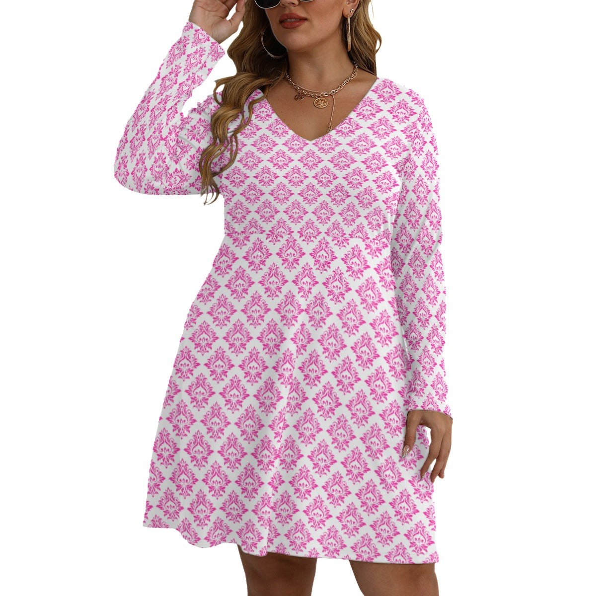 Royalty Made Pink & White Women's V-neck Long Sleeve Dress (Plus Size)