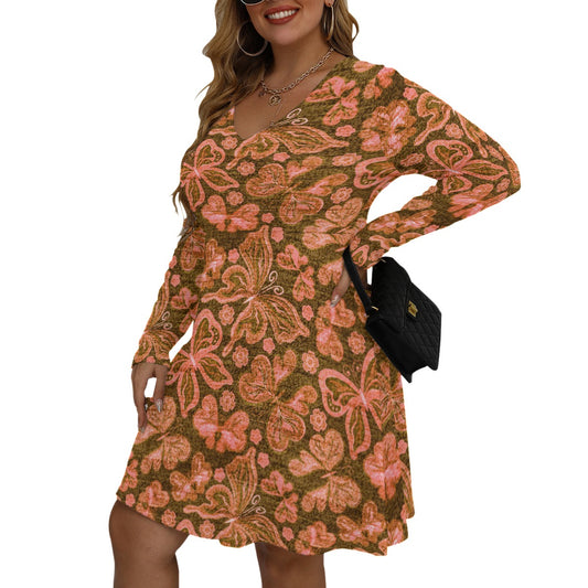 Women's Cute Colorful Butterflies V-neck Long Sleeve Dress (Plus Size)