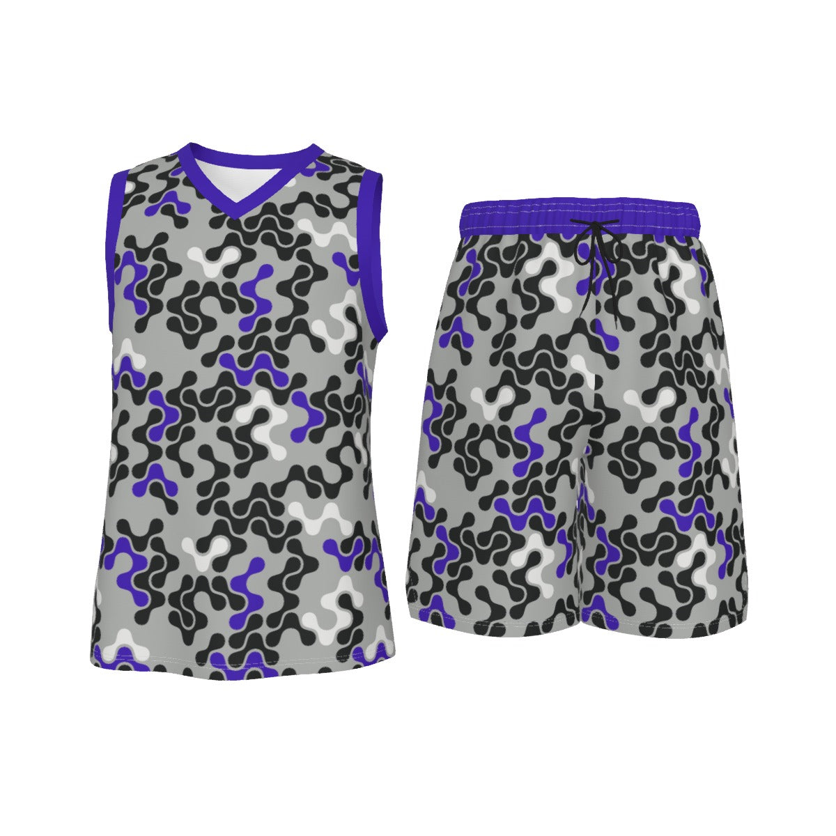 Blue, Black & White Abstract Men's V Neck Basketball Suit