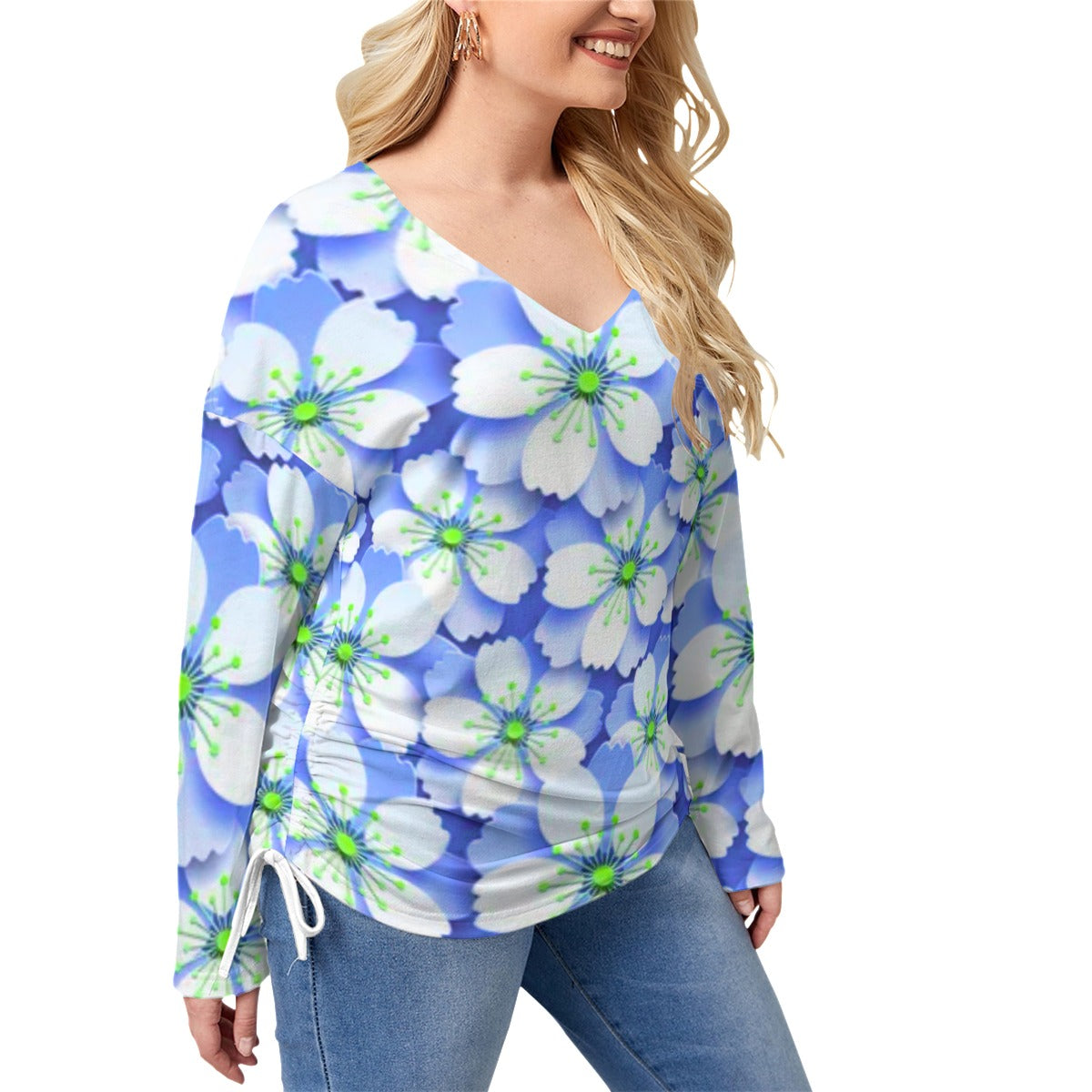 Blue With White Cherry Blossoms Women’s V-neck T-shirt With Side Drawstring(Plus Size)