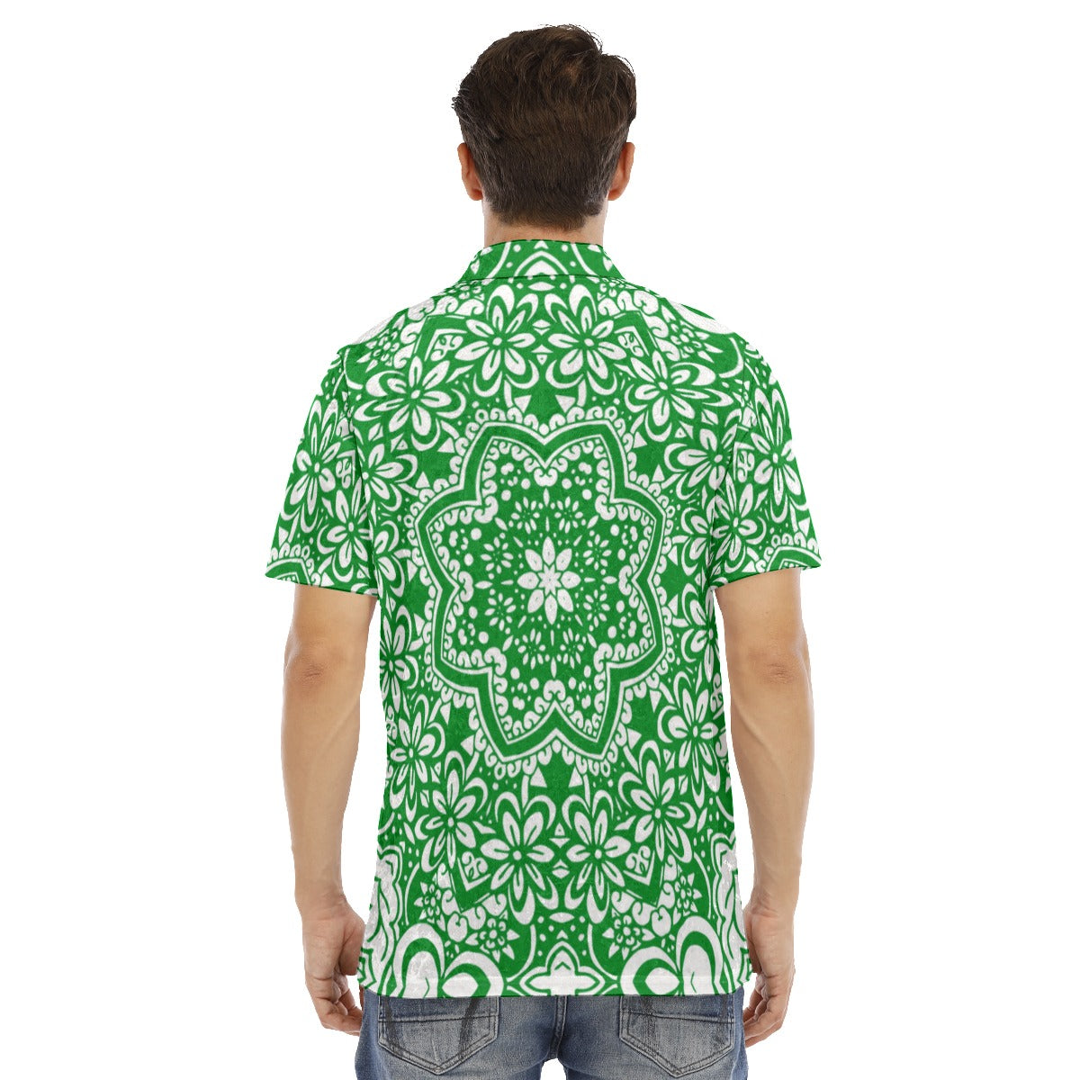 Green Ethnic Flowers Men's Polo Shirt | Velvet