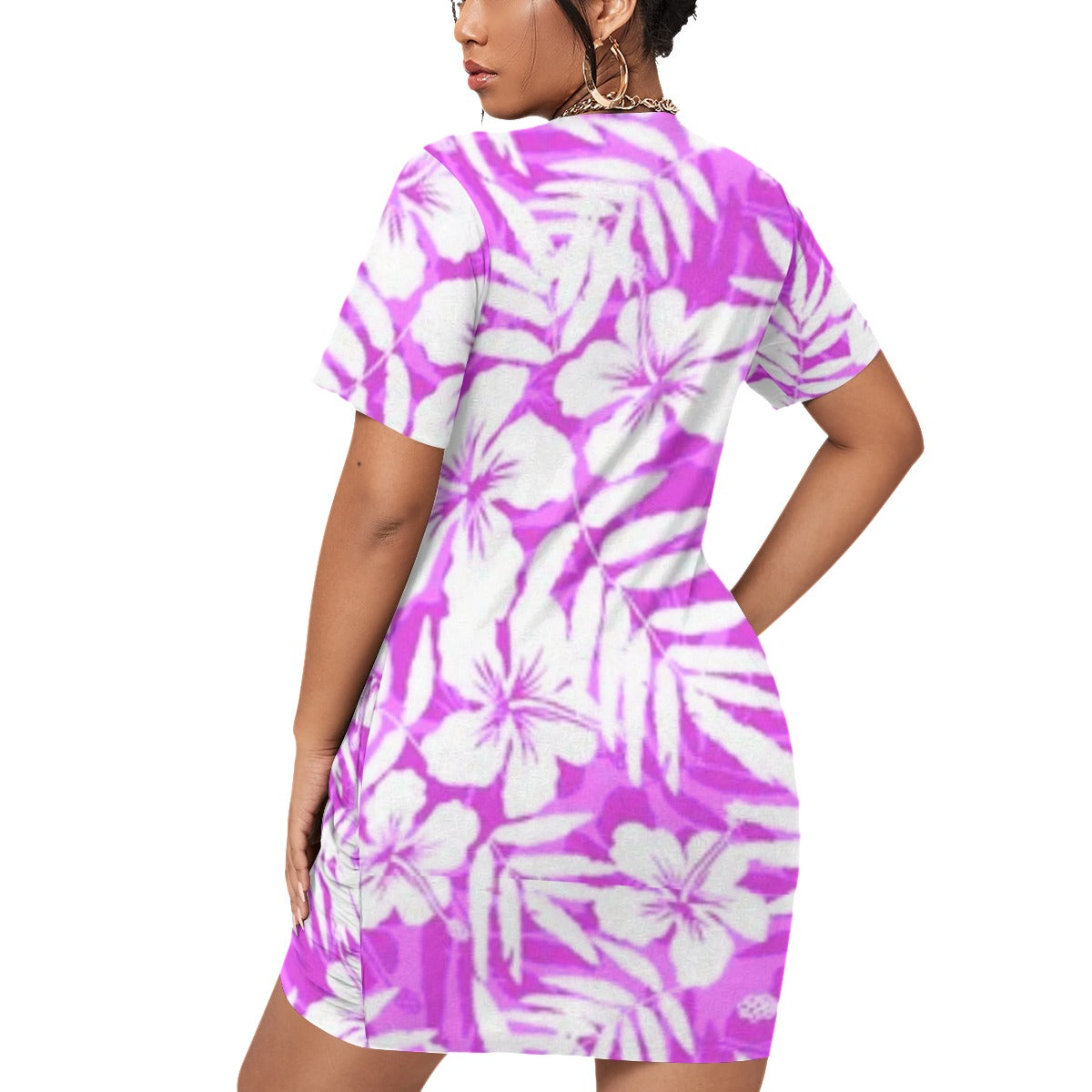 Purple Tropical Flowers Women’s Stacked Hem Dress With Short Sleeve （Plus Size）