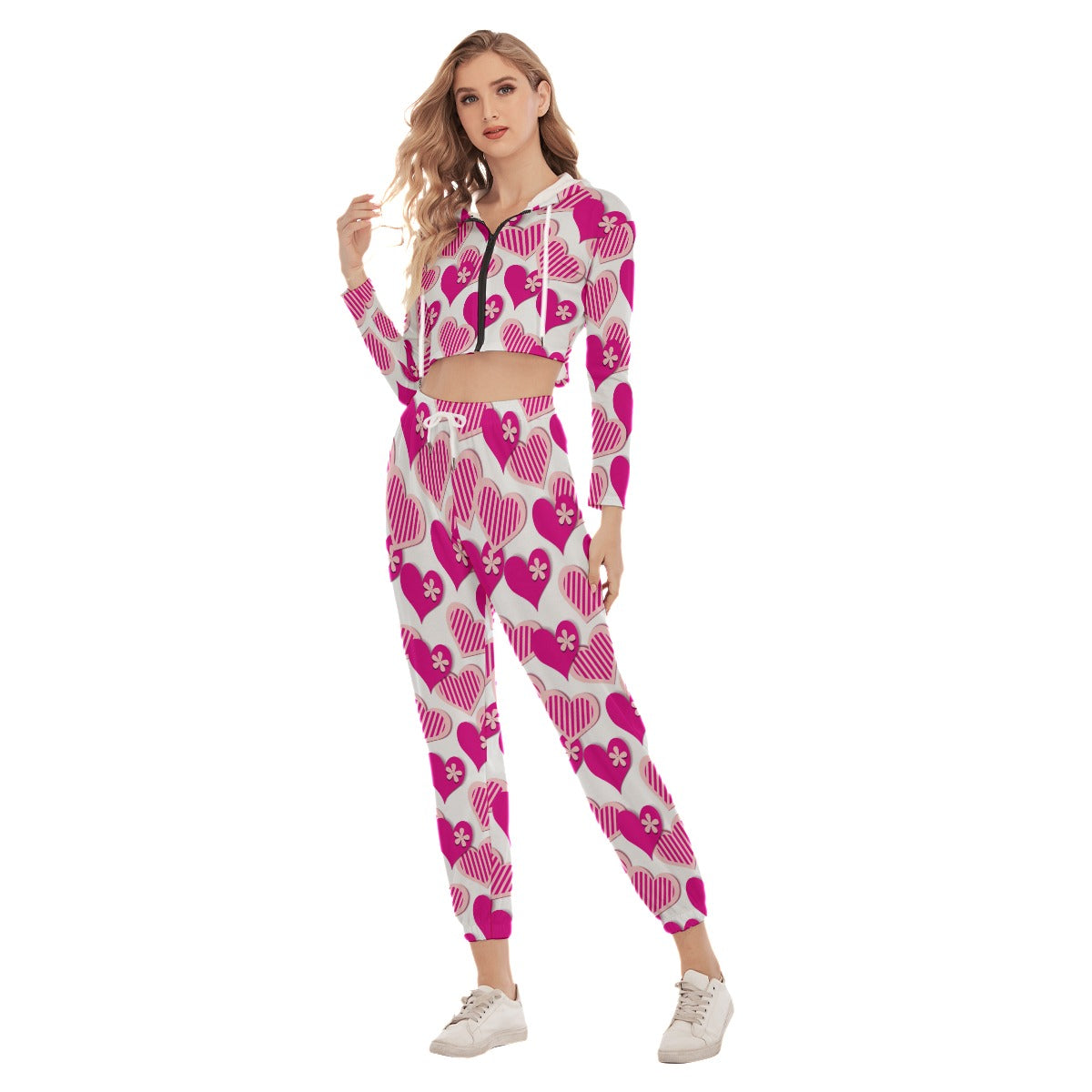 Cute Pink Hearts Women's Crop Hoodie Sports Sets