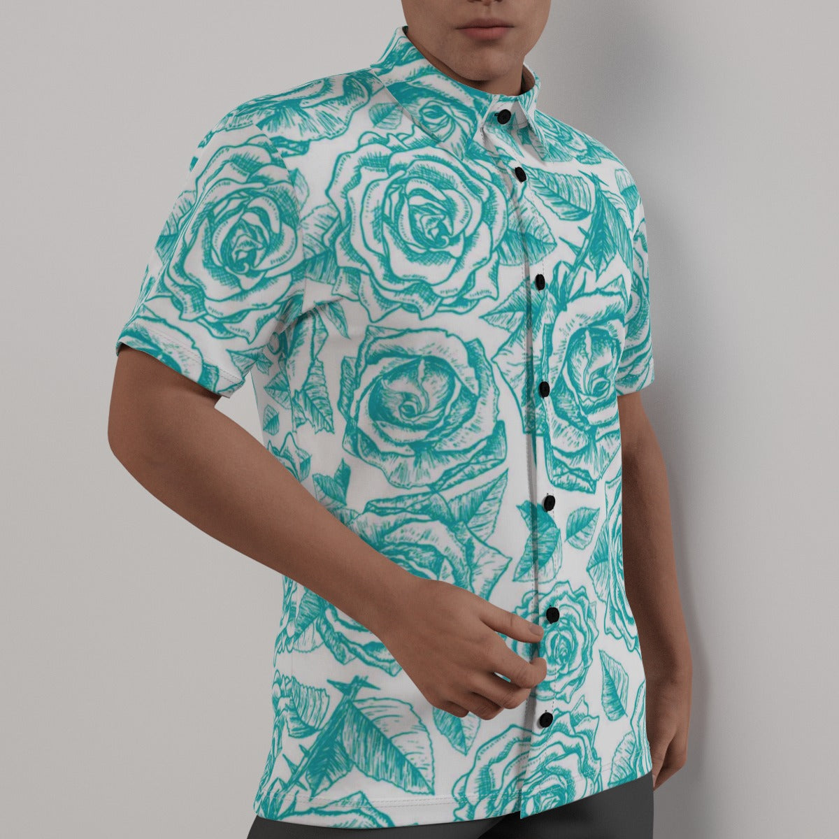 Teal & White Roses Men's Button Up