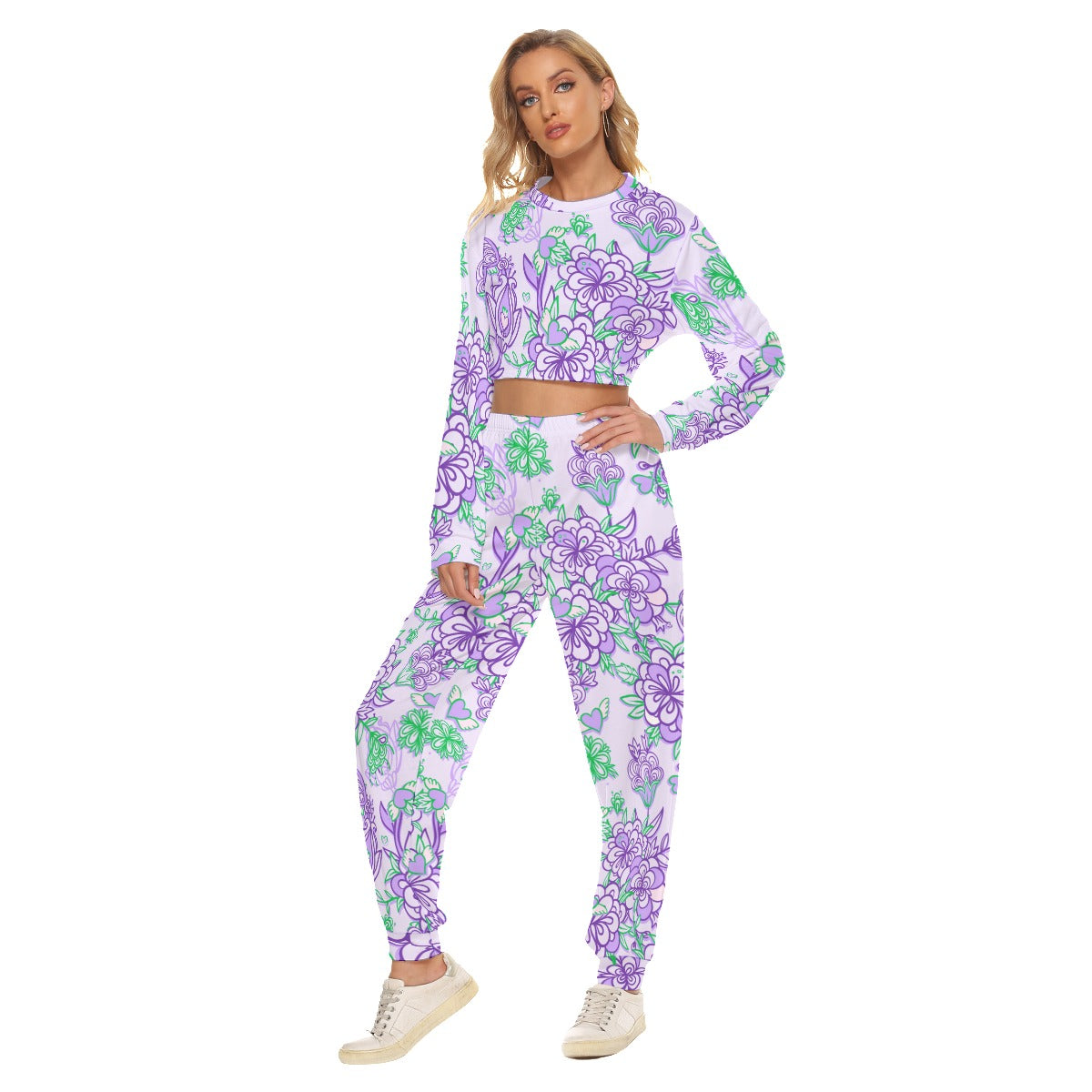 Cute Purple & Green Flowers Women's Crop Sweatshirt Suit