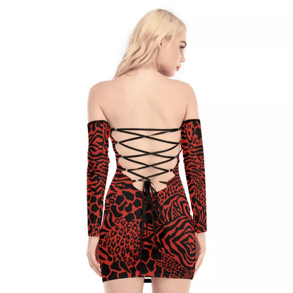 Red Bellafonte Animal Print Off-shoulder Back Lace-up Dress