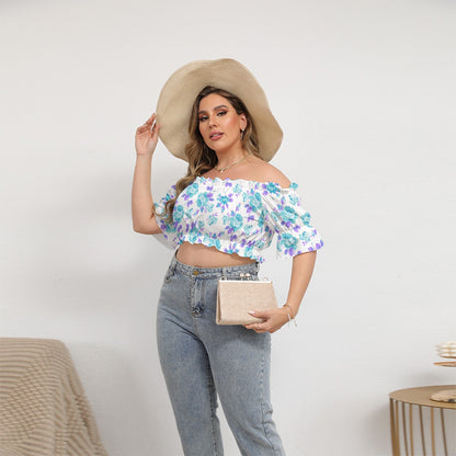 Blue Roses Women's Off-shoulder Cropped Top With Short Puff Sleeve