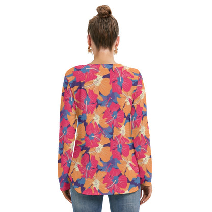 Tropical Flowers Women's Long Sleeve Neckline Tie Sweatshirt