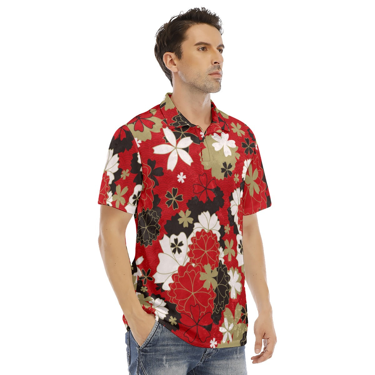 Japanese Style Flowers Men's Polo Shirt | Velvet