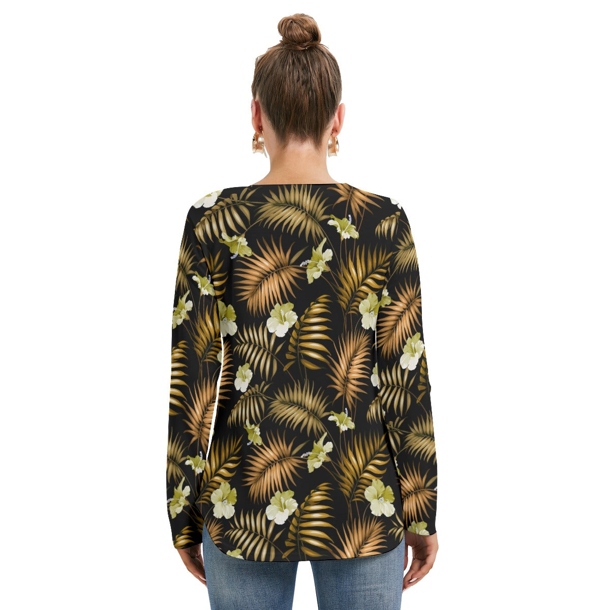 Tropical Flowers Women's Long Sleeve Neckline Tie Sweatshirt