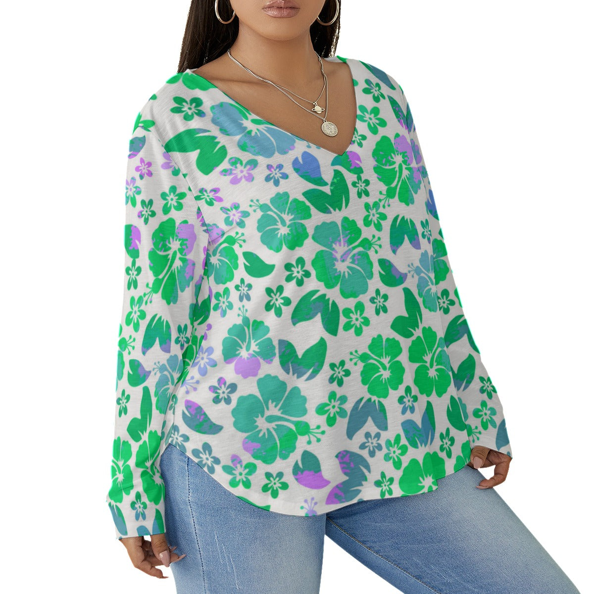 Women's Hawaiian Hibiscus Flowers V-neck T-shirt With Curved Hem(Plus Size)