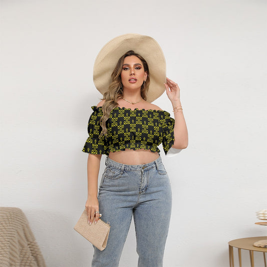 Cute Black & Yellow Women's Off-shoulder Cropped Top With Short Puff Sleeve