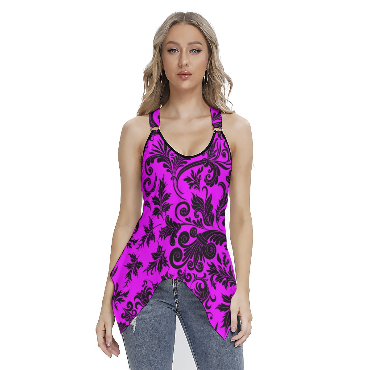 Elegant Purple With Black Flowers Women's Skinny Sport Tank Top