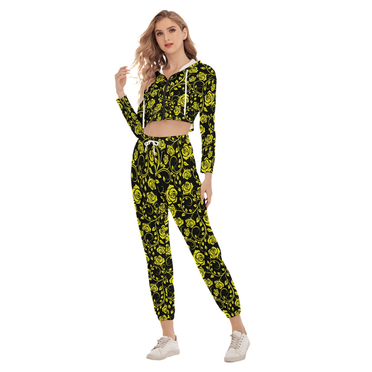 Black & Yellow Roses Women's Crop Hoodie Sports Sets