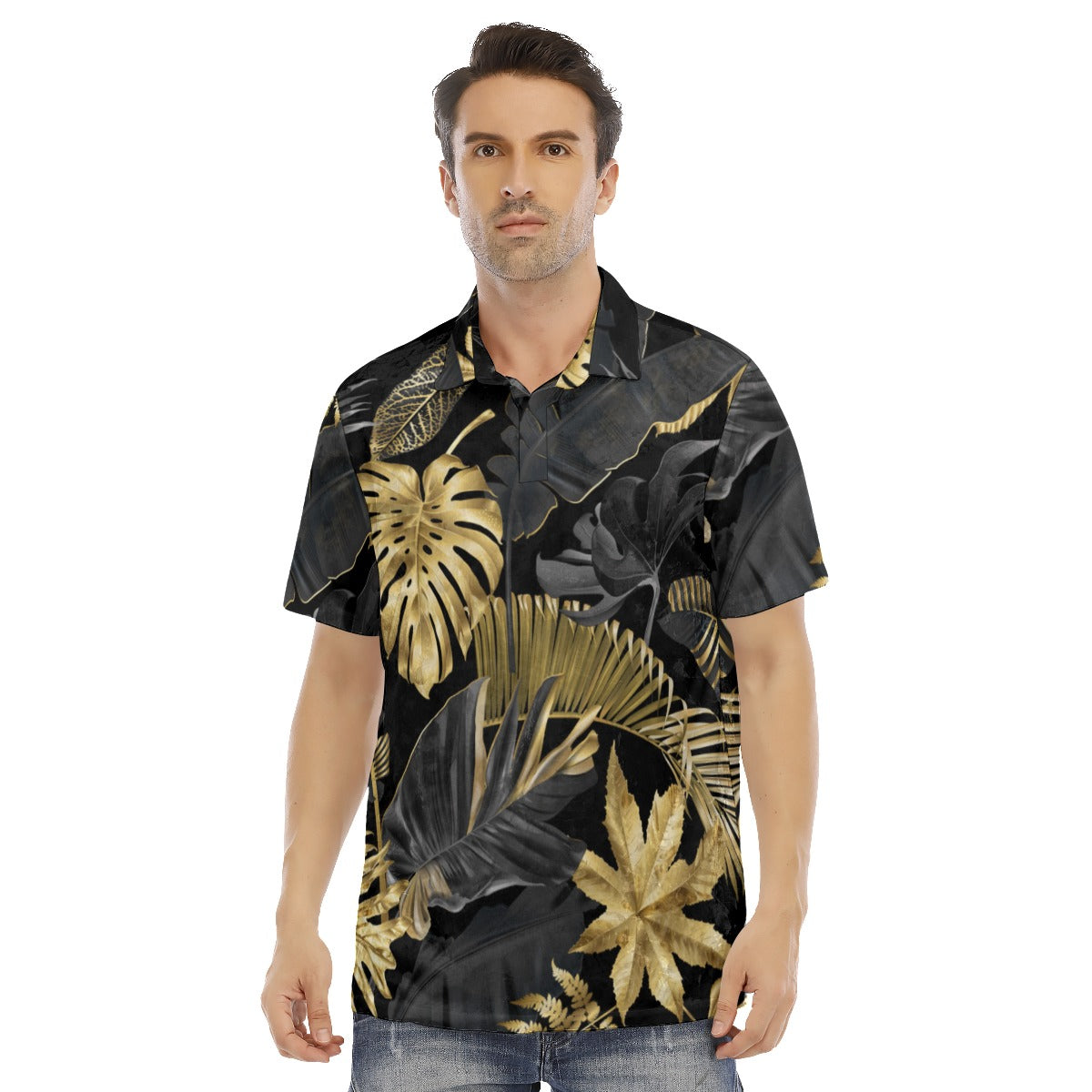 Gold & Black Tropical Leaves Men's Polo Shirt | Velvet