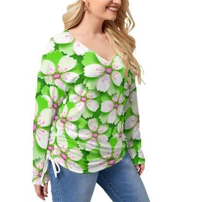 Green With White Cherry Blossoms Women’s V-neck T-shirt With Side Drawstring(Plus Size)