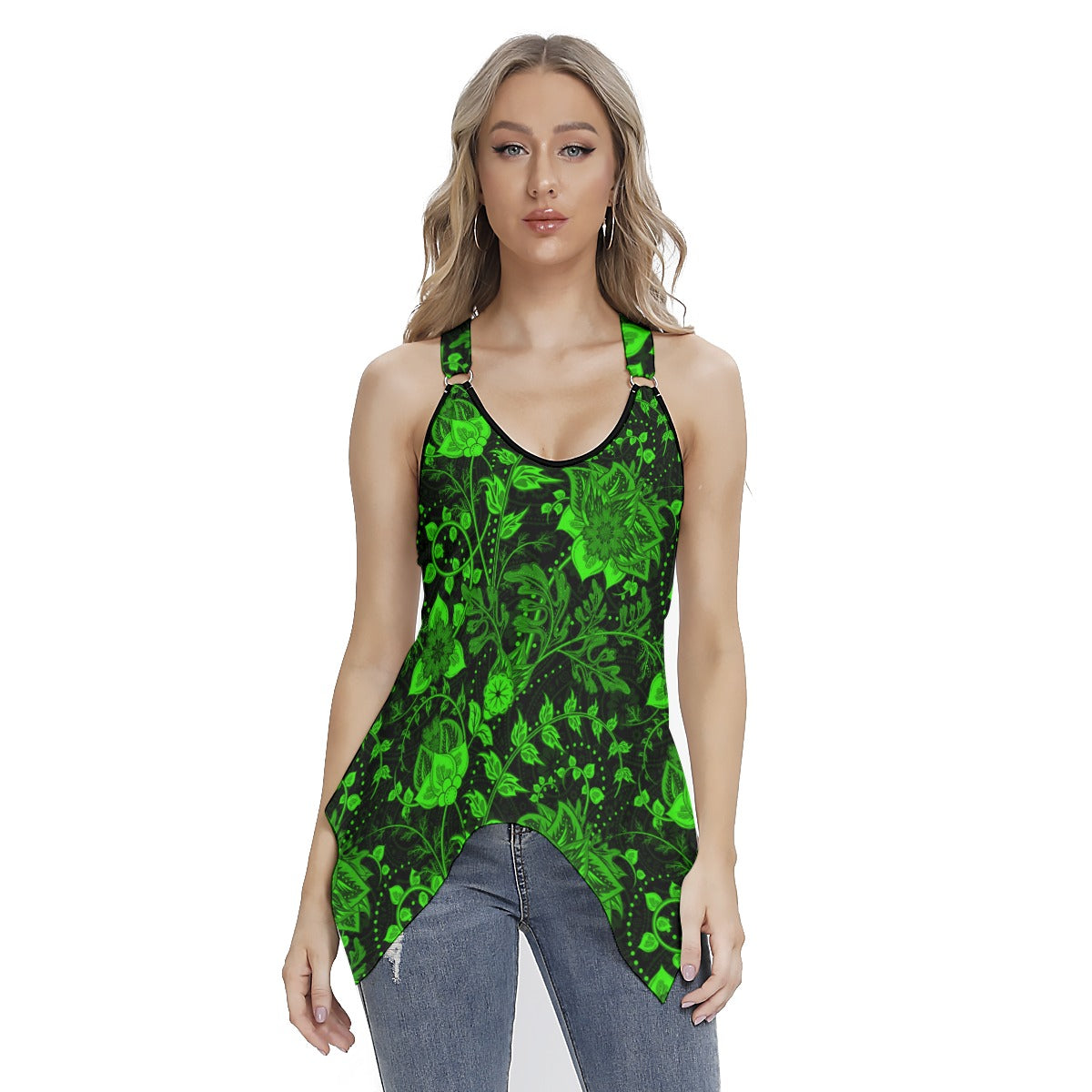 Elegant Black With Green Flowers Women's Skinny Sport Tank Top