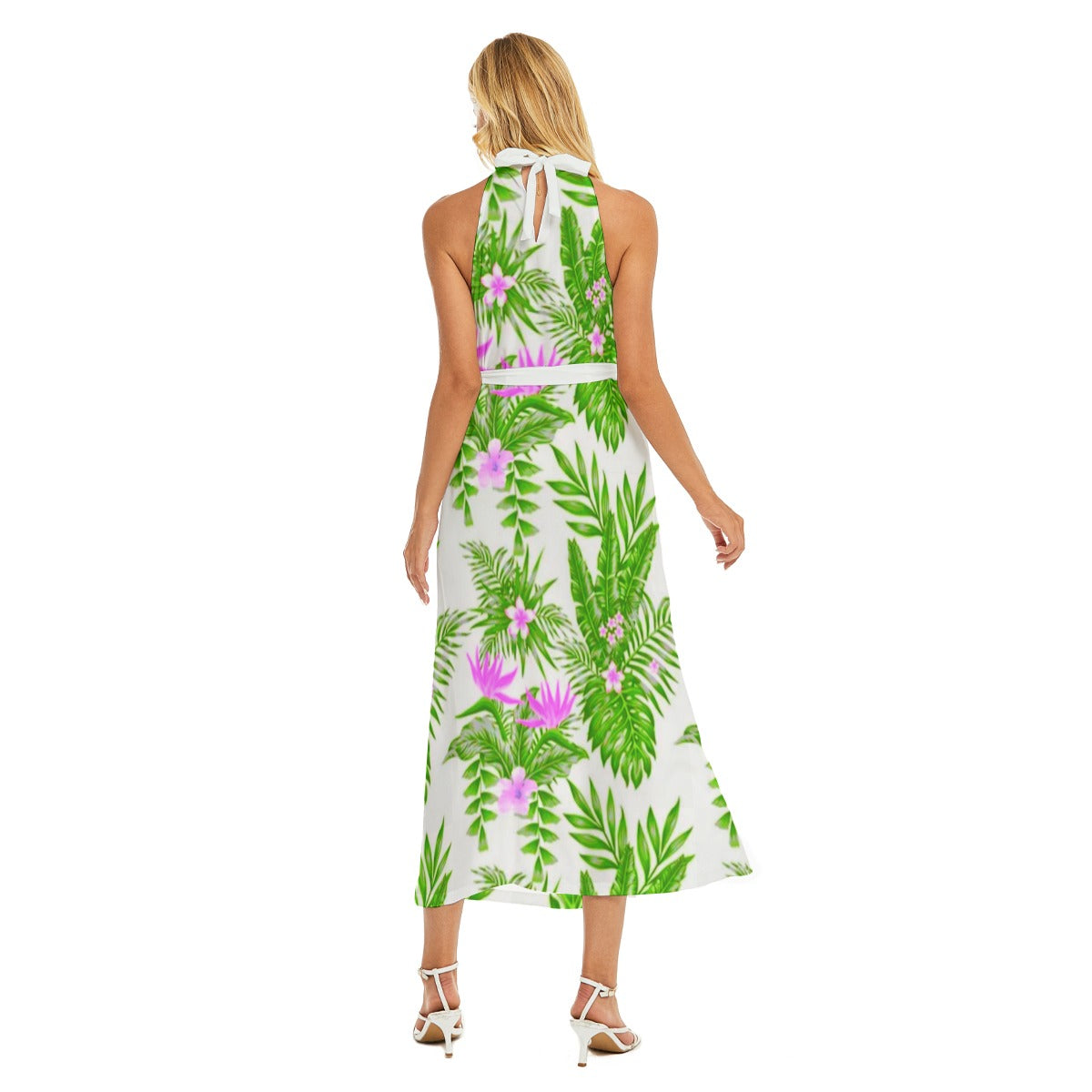 Exotic Flowers Women's Wrap Hem Belted Halter Dress