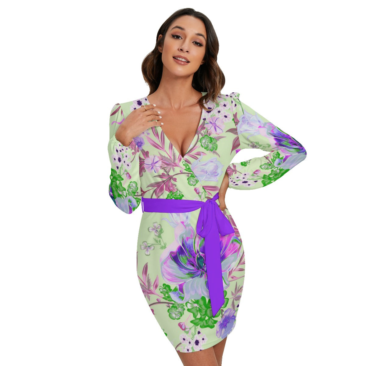 China Flowers Bright Buds Women's Long Sleeve Dress With Waist Belt